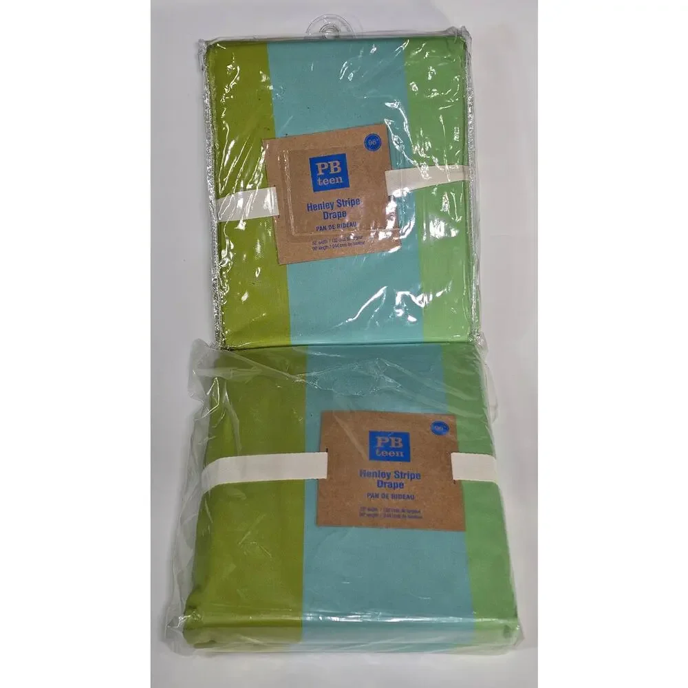 PB Teen Henley Stripe Drapes 96” Green Blue Cotton Curtain Panels Pair Coastal